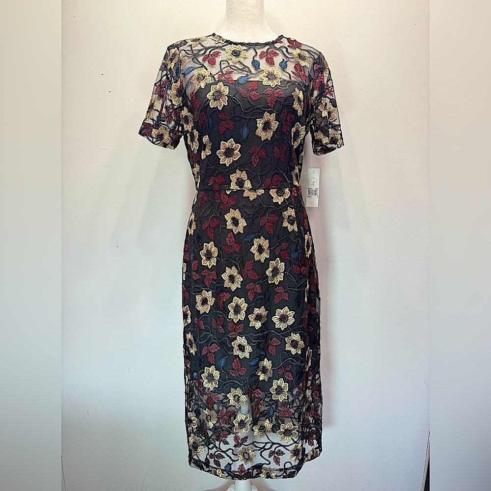 Donna Morgan Black Mesh Dress Embroidered Burgundy Blue & Metallic Gold Flowers